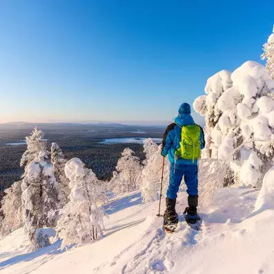 Randonnée en raquettes en Laponie finlandaise, découverte des forêts enneigées et paysages arctiques