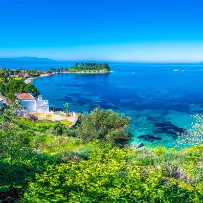 panorama sur la mer turquoise avec de la végétation