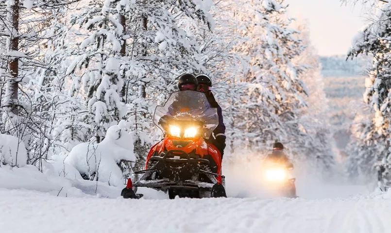 Deux motoneiges roulent sur un chemin enneigé à travers une forêt d'hiver. 