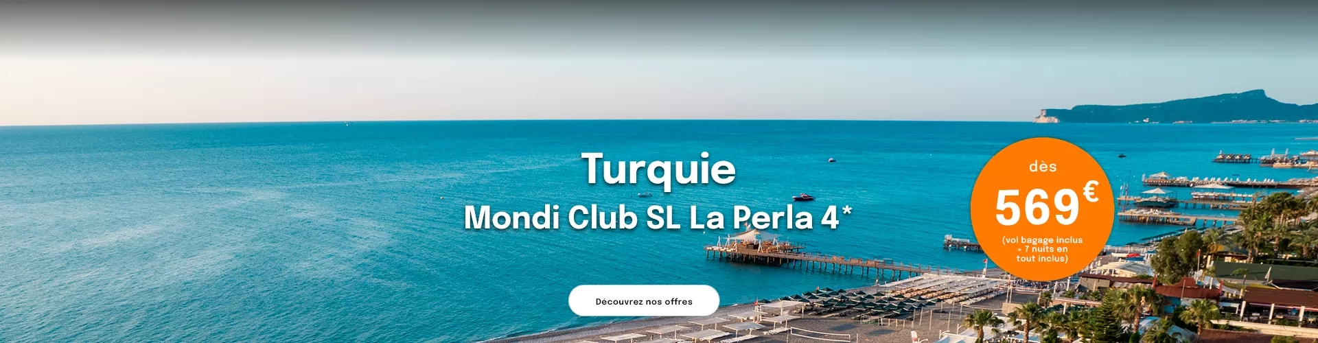 la plage du Mondi Club la perla en Turquie avec une offre à 569€