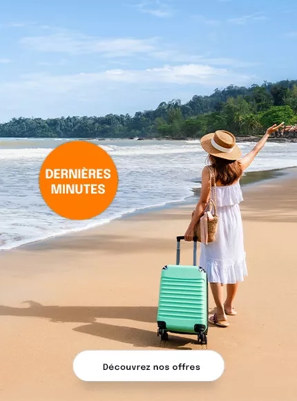 une femme avec une valise et un chapeau de dos sur la plage