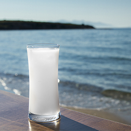 Ouzo grec servi à Rhodes, boisson anisée traditionnelle accompagnant les mezzés en terrasse face à la mer Égée